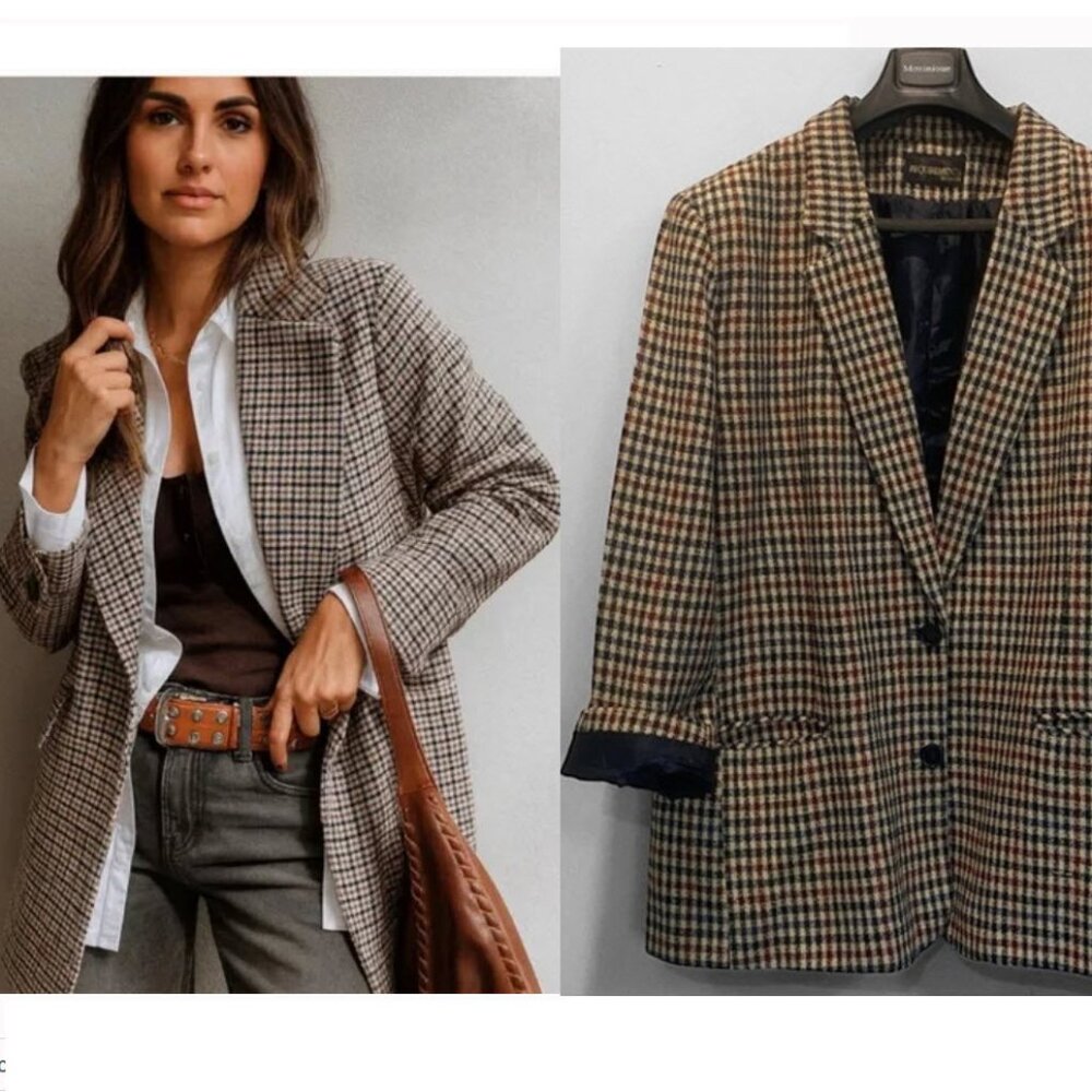 Vintage Requirements Brown Plaid Blazer Oversized Size Large Houndstooth Check